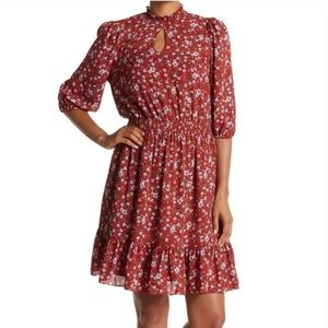 NANETTE LEPORE  Flounce Hem Puff Sleeve Mockneck Picante Floral Multi Dress 4